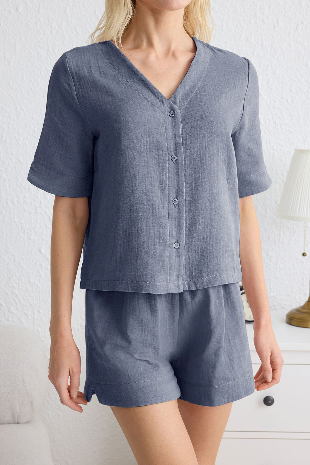 Trendyolmilla Koyu Mavi %100 Pamuklu Baglama Detayl? Muslin Sortlu Dokuma Pijama Tak?m? THMSS25PT00159 фото 8