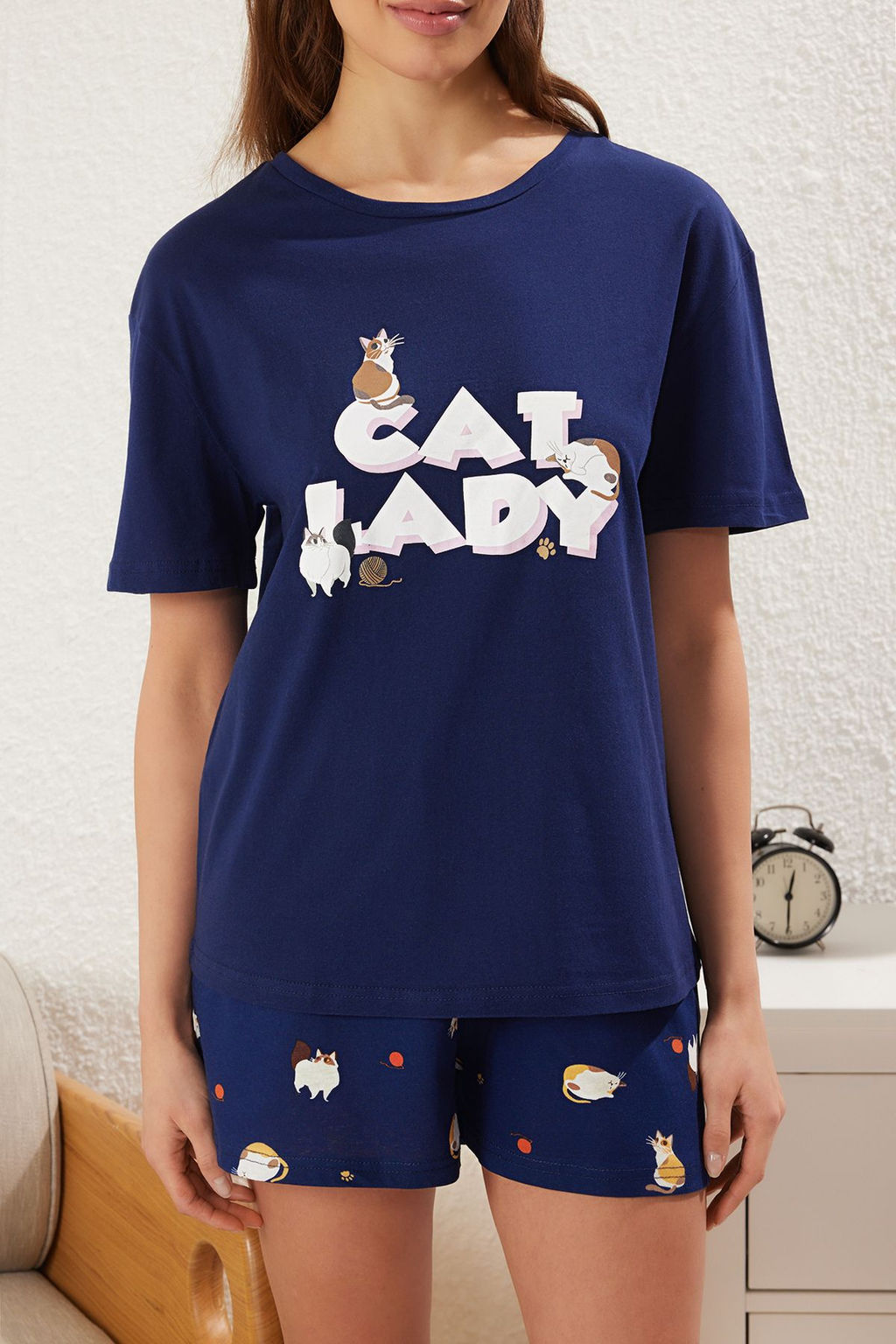 Trendyolmilla Lacivert %100 Pamuklu Kedili ve Sloganl? Sortlu Orme Pijama Tak?m? THMSS25PT00275 фото 4