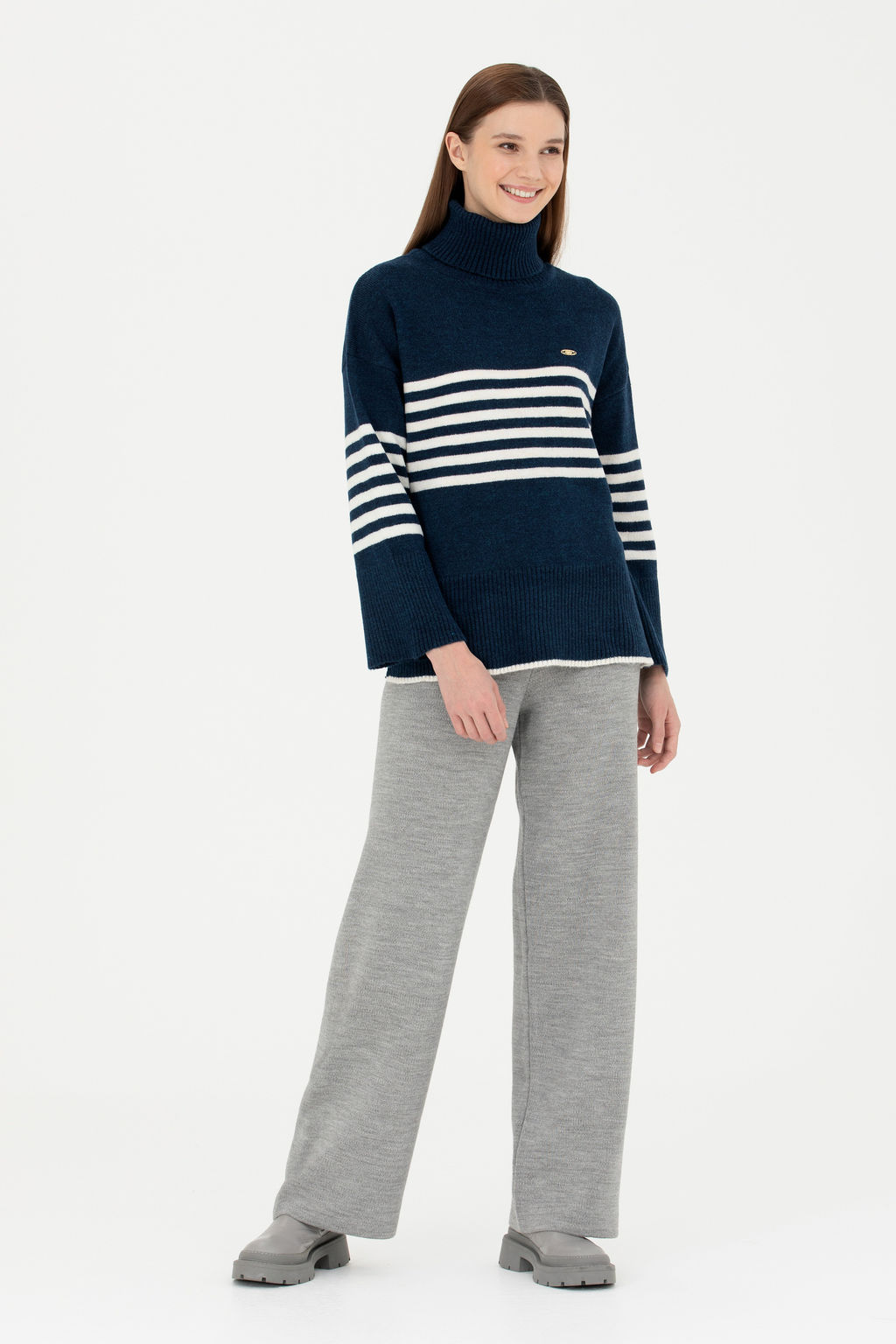 KadДn Gri Melanj Loose Fit Triko Pantolon