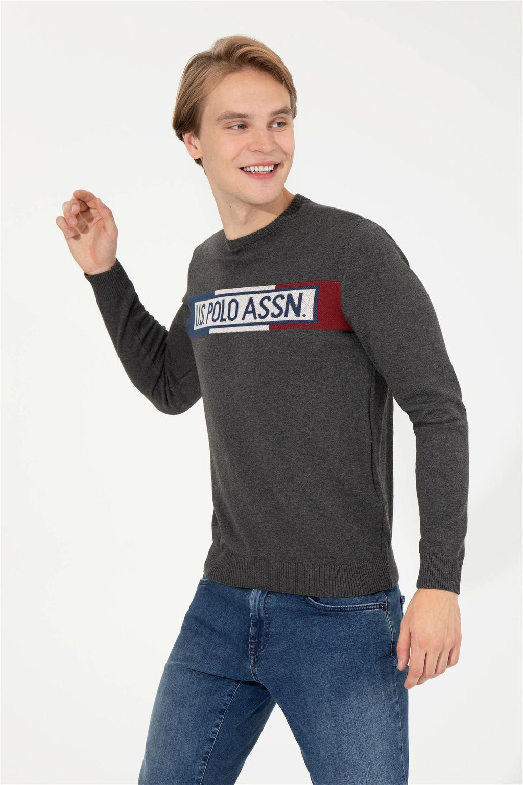 U. S. Polo Assn Мужской трикотаж антрацитового меланжевого цвета с круглым вырезом - U.s. polo assn фото 10