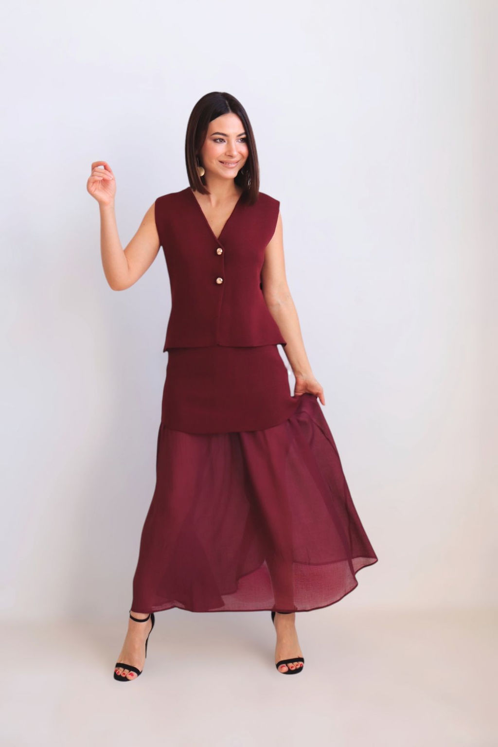 Martichelli Костюм с юбкой и жилетом бордовый  фото 13