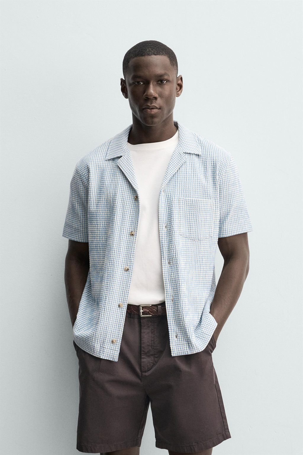CAMISA REGULAR FIT ESTRUCTURA SEERSUCKER / Blanco / Celeste - Zara фото 2