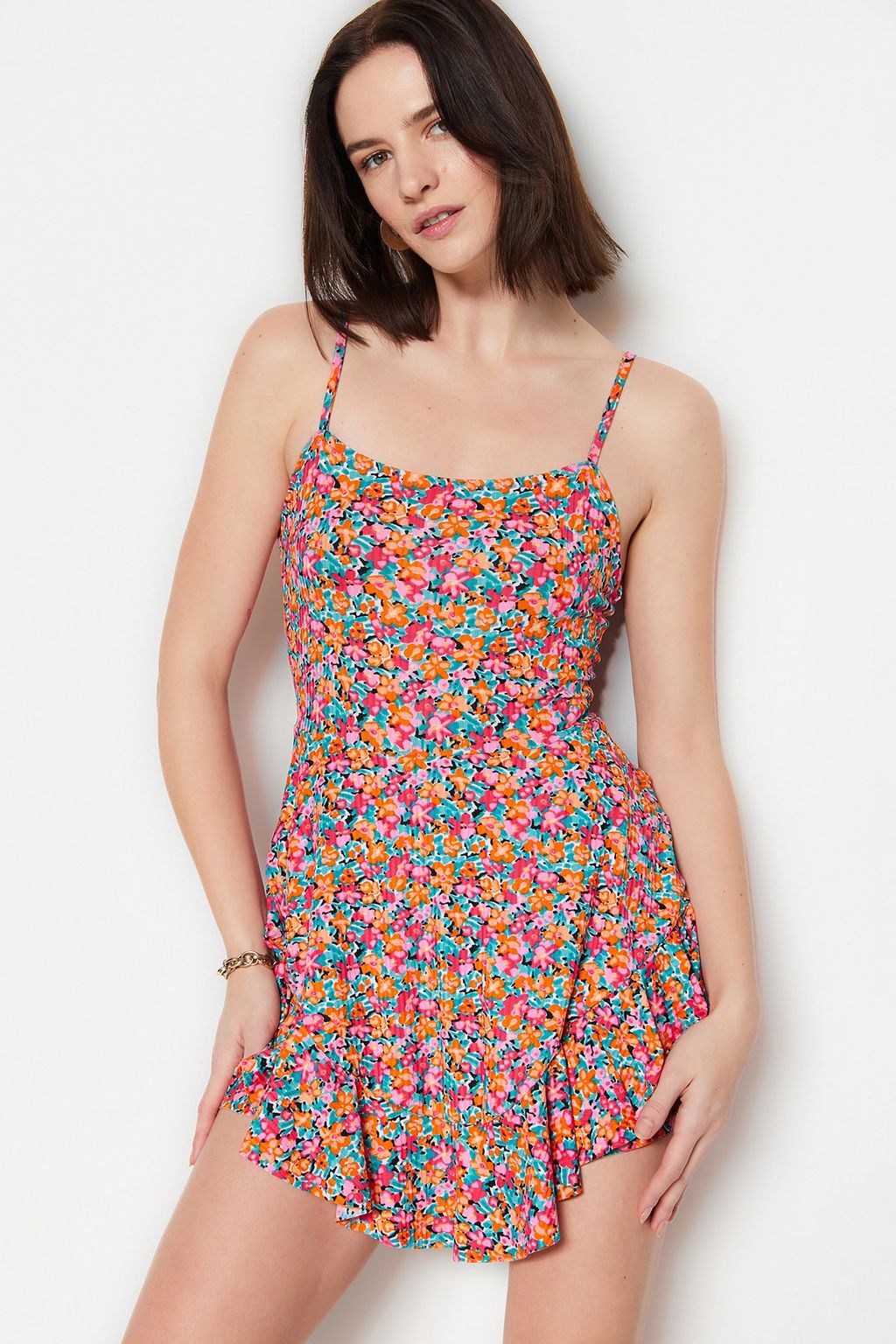 Cok Renkli Bask?l? Ask?l? Volanl? Sortlu Mini Orme Tulum TWOSS23TU00044
