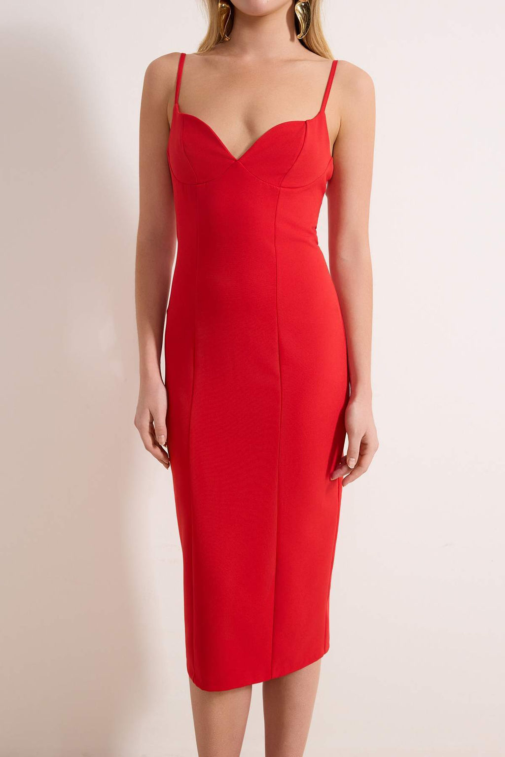 K?rm?z? Ask?l? Dokuma Midi S?k/Gece Elbise Elbise TWOSS26EL00114