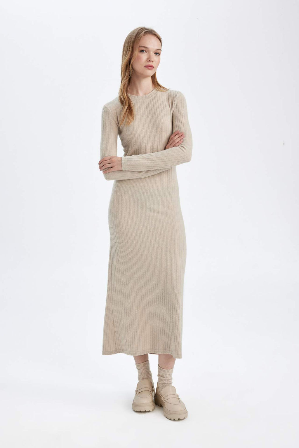Bodycon Vucudu Saran Bisiklet Yaka Basic Duz Kaskorse Uzun Kollu Maxi Elbise - Defacto фото 3