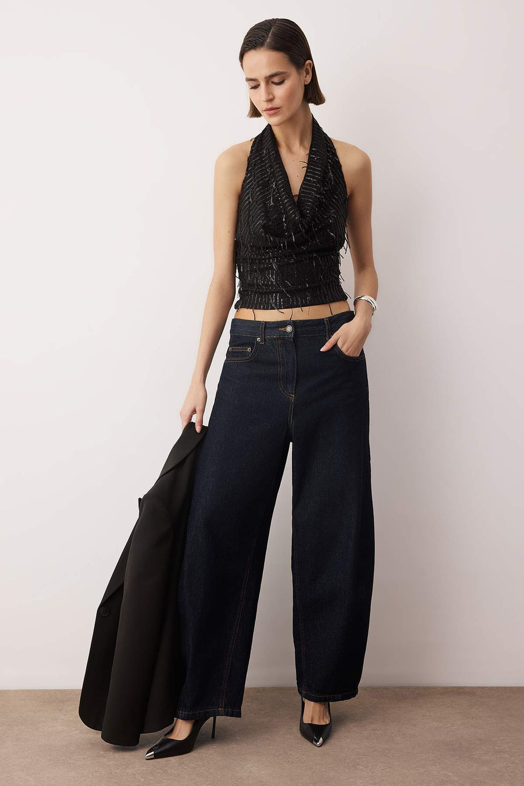 Siyah Degaje Yaka Sacakl? Payet Party Bluz TPRAW26BZ00064 - Trendyolmilla фото 2