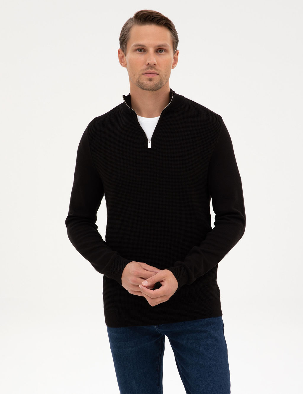 Siyah Slim Fit Dik Yaka Fermuarl_ Triko Kazak