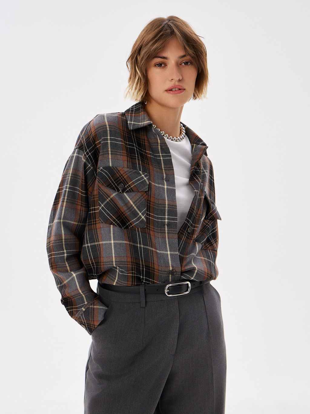 Блузка женская дл. рук. T-lab TL-B-0036F-FR-серо-коричневый, клетка  фото 7