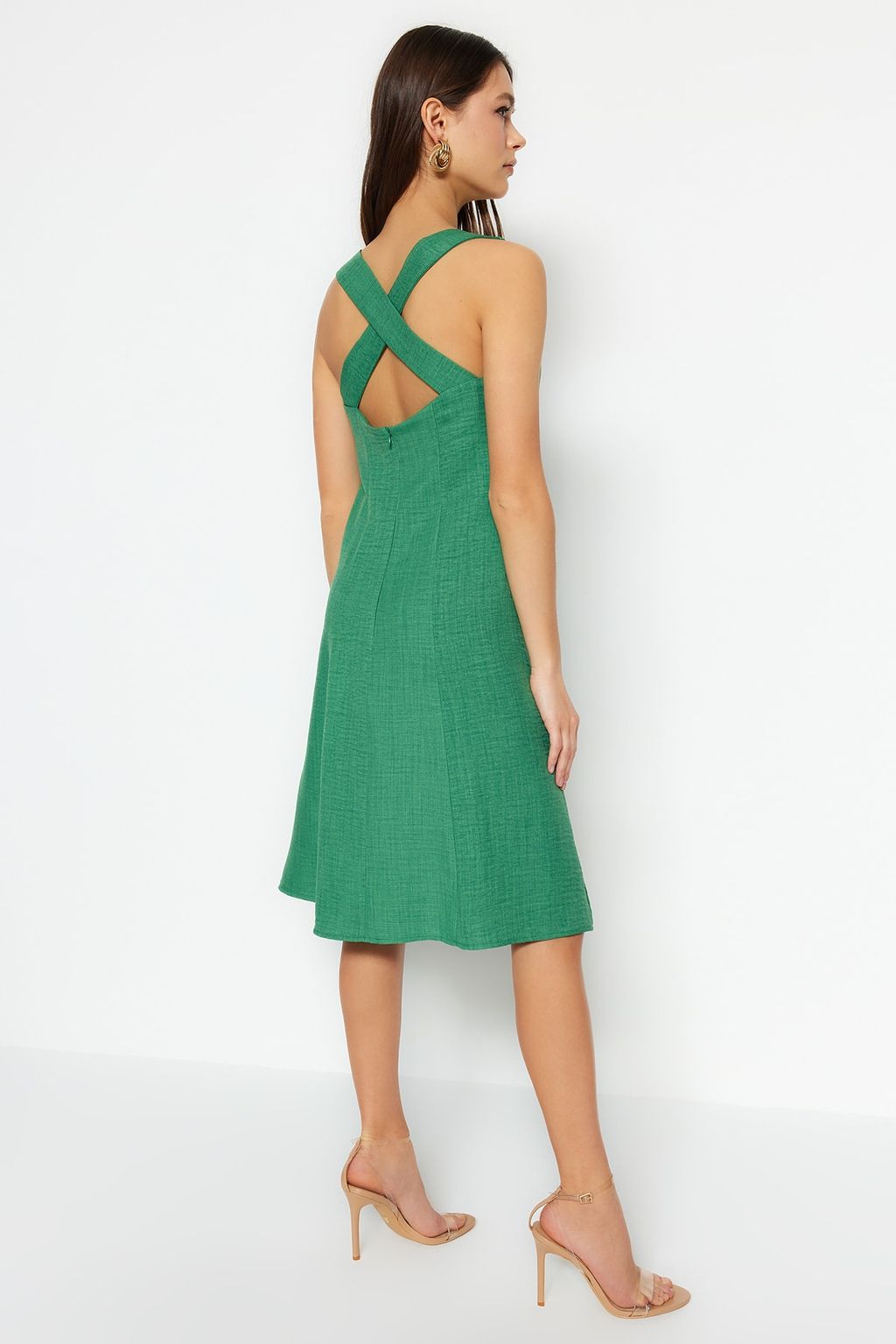 Haki A-Kesim Kare Yaka Mini Dokuma Elbise TWOSS23EL01549 - Trendyolmilla фото 6