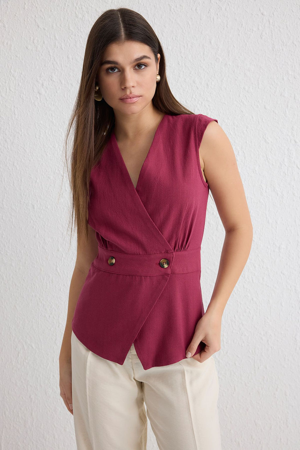 Koyu Magenta Dokuma Kemik Dugme Detayl? Kruvaze Dokuma Bluz TWOSS20BZ0707