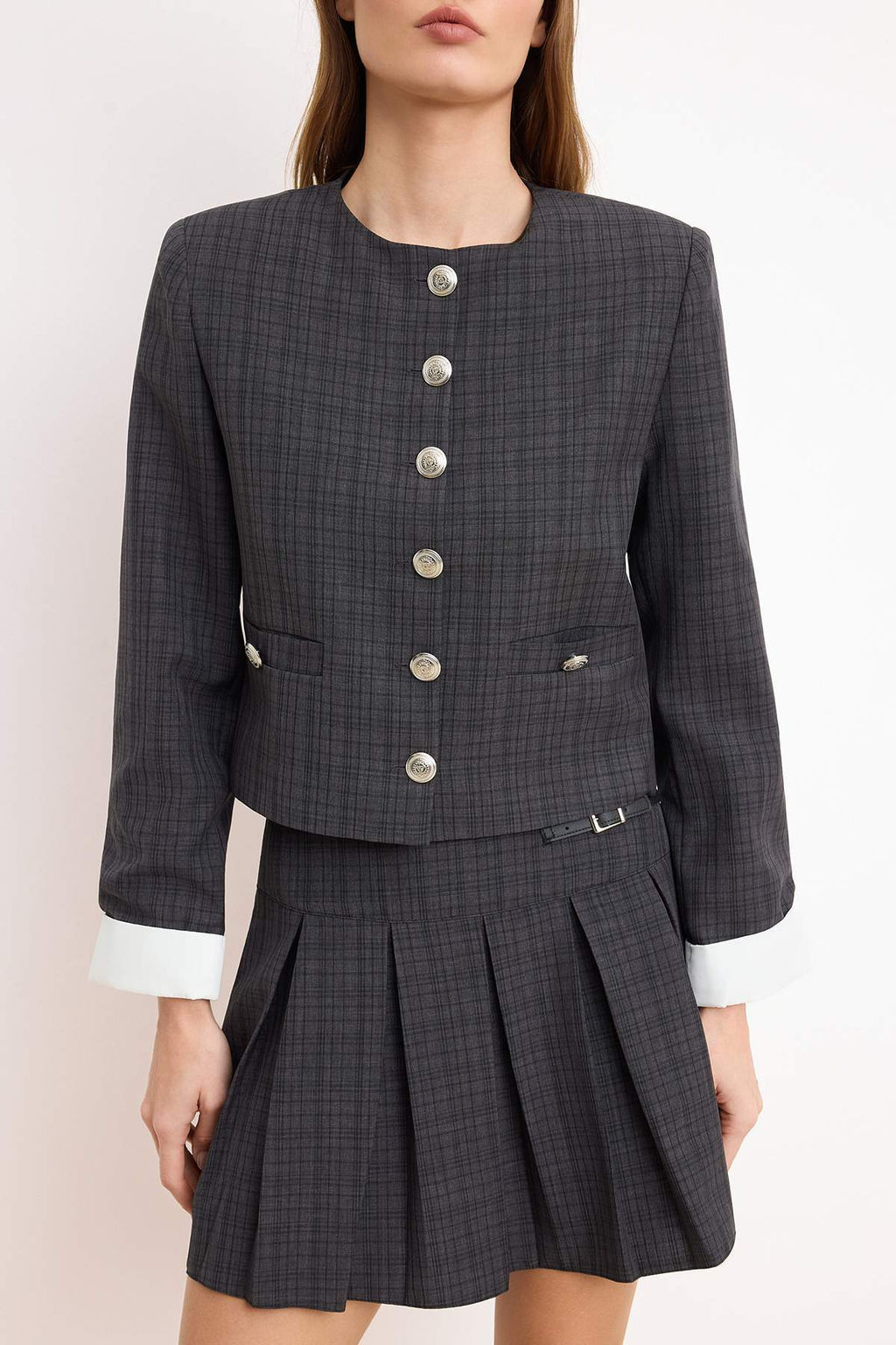 Antrasit Ekoseli Manset Detayl? Dokuma Dugmeli Ceket TWOSS26CE00018 - Trendyolmilla фото 3