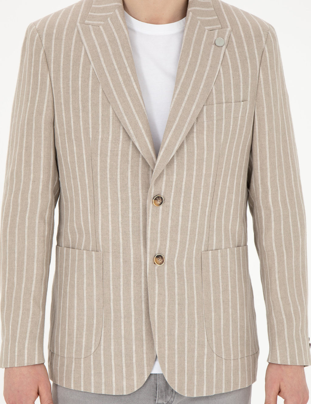 A__k Kahverengi Slim Fit Keten _izgili Ceket