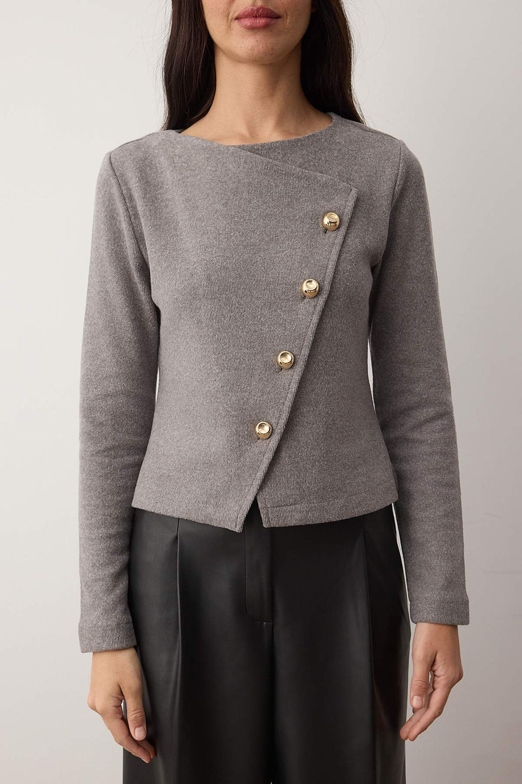 Gri Asimetrik Dugme Detayl? Regular Orme Bluz TWOAW26BZ00274 - Trendyolmilla фото 3