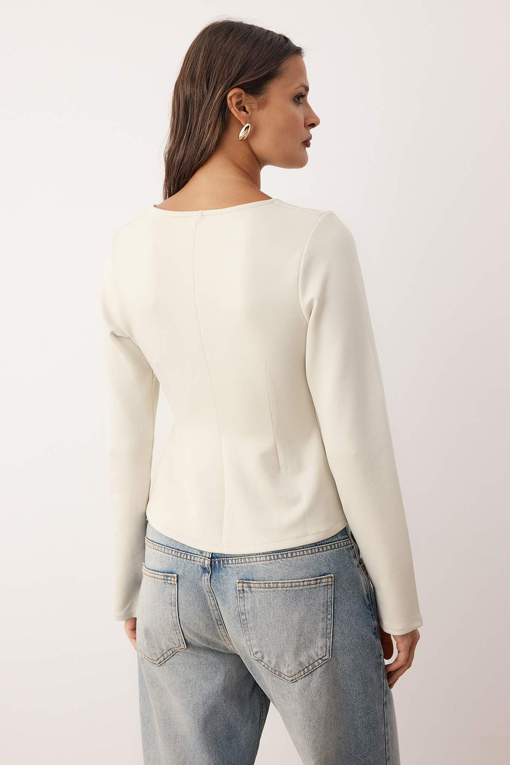 Tas Soft Touch V Yaka Fermuarl? Regular/Normal Kesim Orme Bluz TWOAW26BZ00180