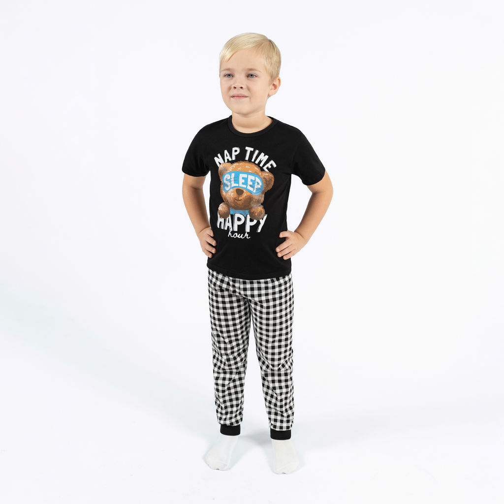 Пижама детская черная клетка принт мишка