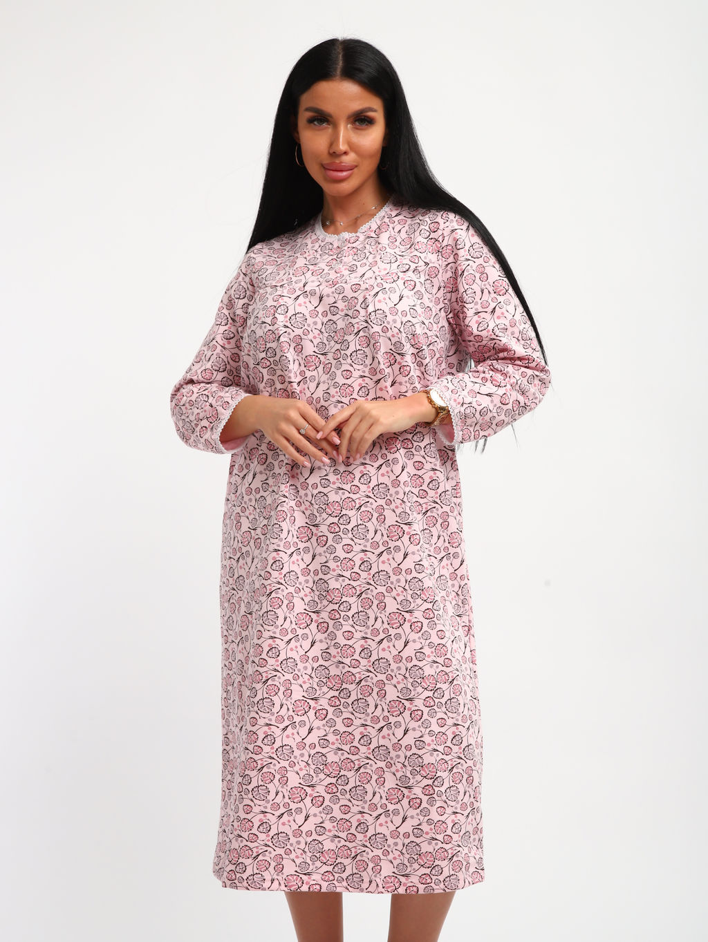 М37 Сорочка теплая футер (листья на розовом новый)