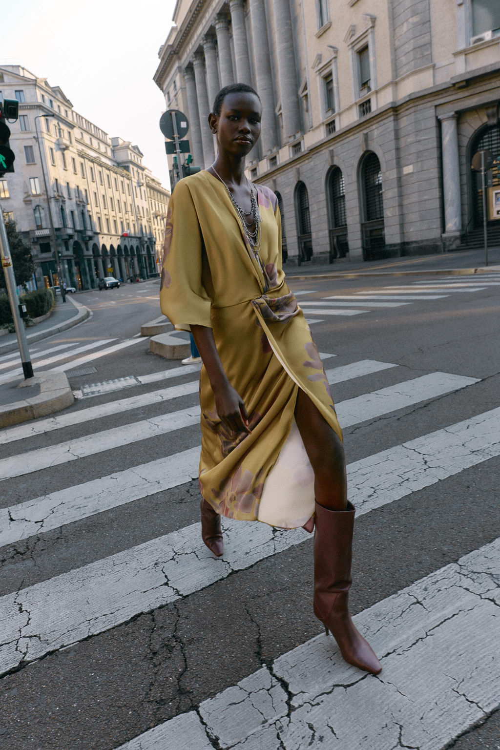 PRINTED SATIN MIDI DRESS