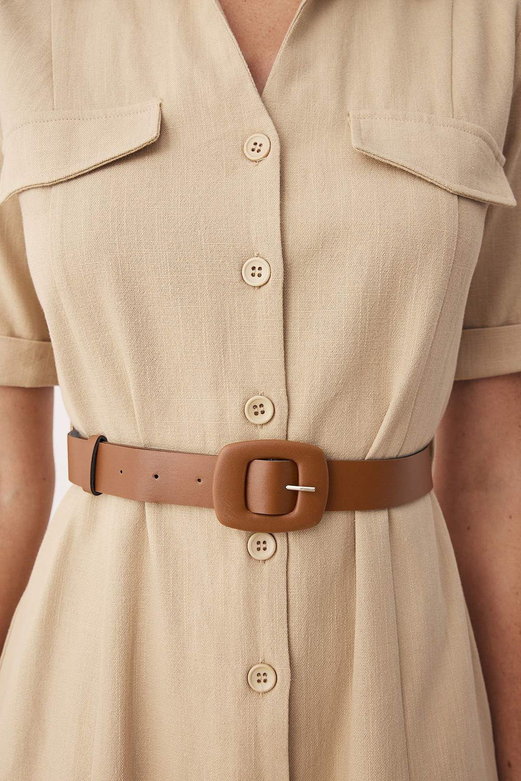 Trendyolmilla Haki Kemerli Keten Kar?s?ml? Cep Detayl? Midi Dokuma Gomlek Elbise TWOSS25EL00704  фото 10