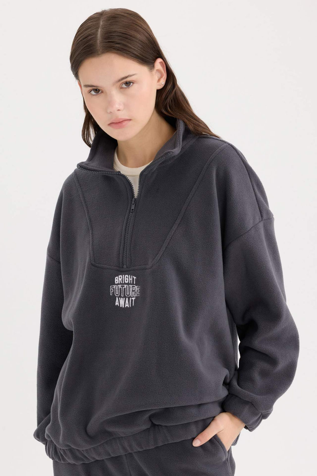 Oversize Genis Kal?p Fermuarl? Dik Yaka Nak?sl? Polar Sweatshirt - Defacto фото 3