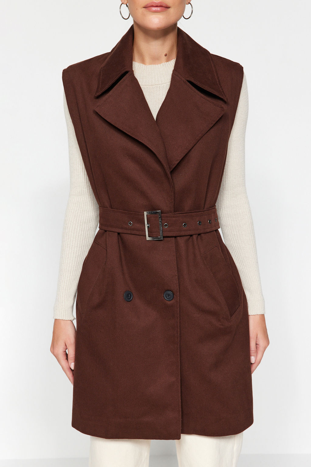 Kahverengi Oversize Kemerli Trenckot Yelek TWOAW24YE00084 - Trendyolmilla фото 4