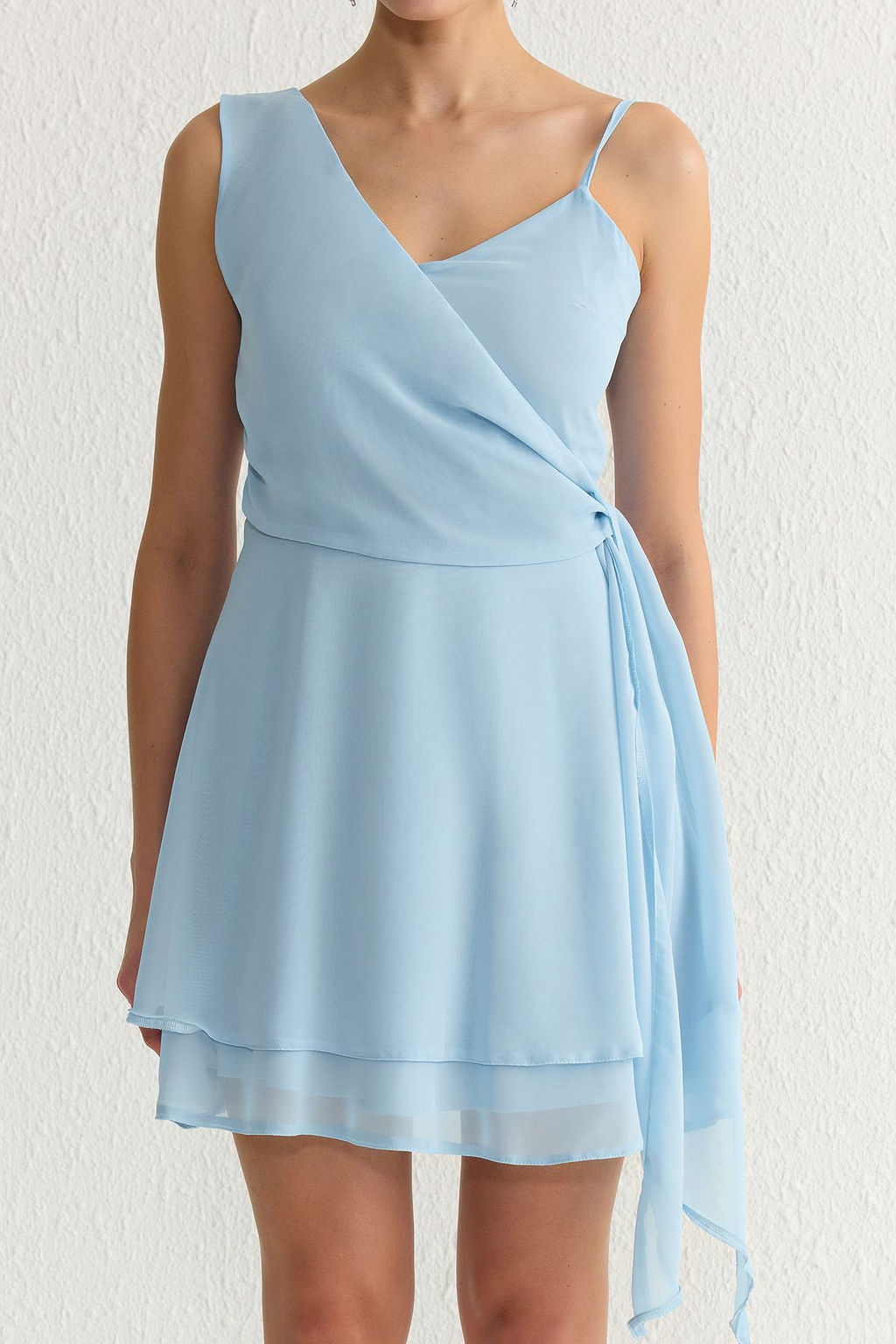 TRENDYOLMILLA Ac?k Mavi Astarl? Sifon Dokuma K?sa S?k Elbise TPRSS25EL00007  фото 3