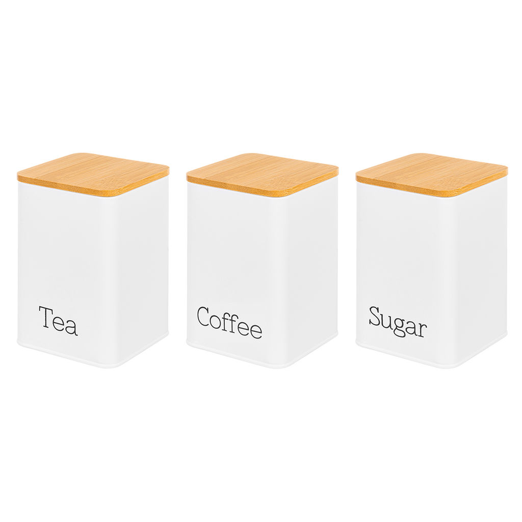 Набор банок д/сыпучих продуктов 3 пр. 1,1 л 9,5*9,5*14,5 см "Tea, coffee, sugar" белый с бамб.крышк