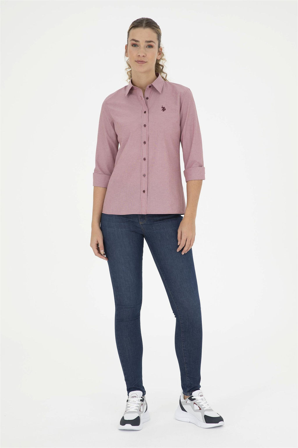 Женская бордовая рубашка в полоску с длинным рукавом - U.s. polo assn фото 4