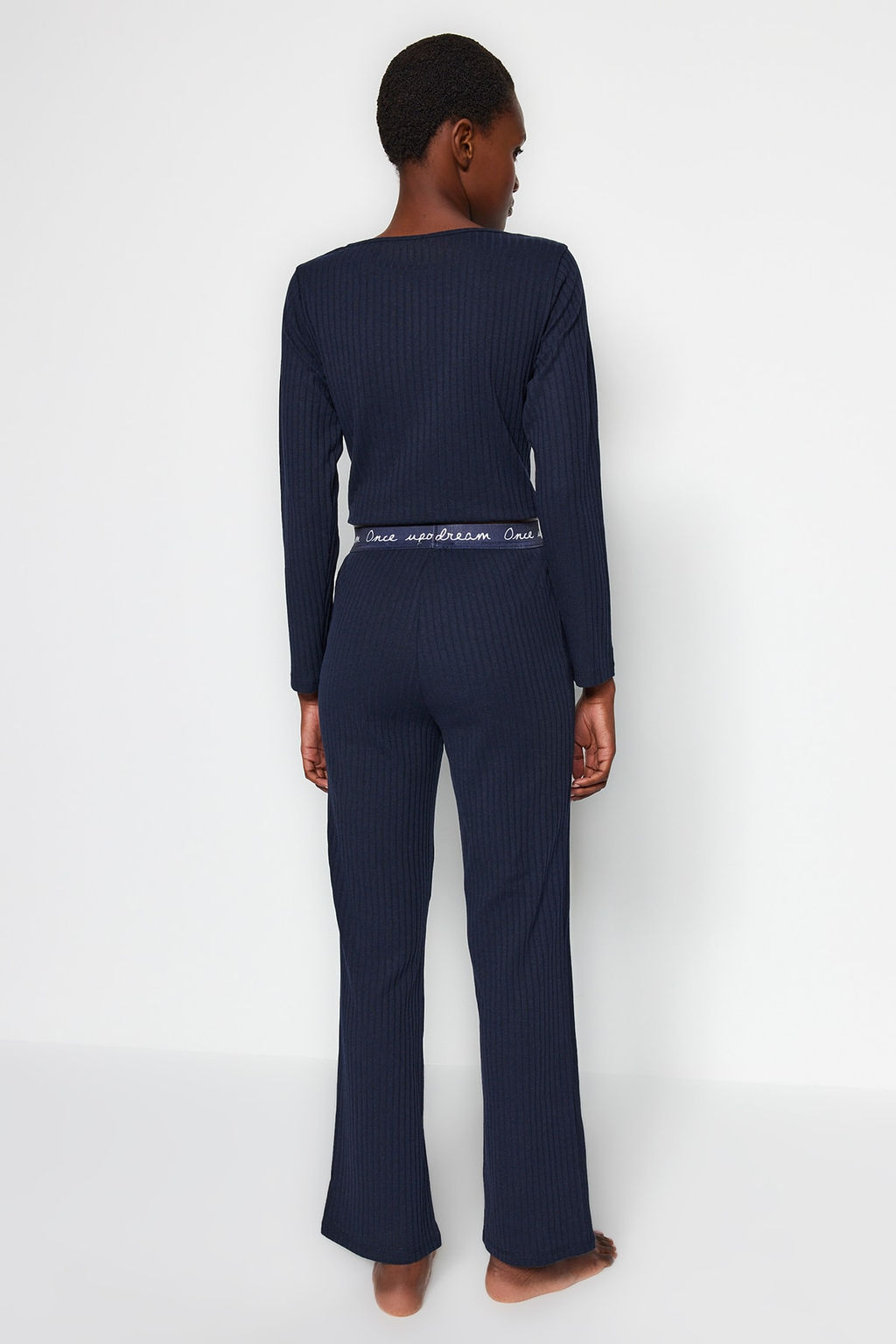 Lacivert Slogan Lastik Detayl? Fitilli Orme Pijama Tak?m? THMAW21PT0269