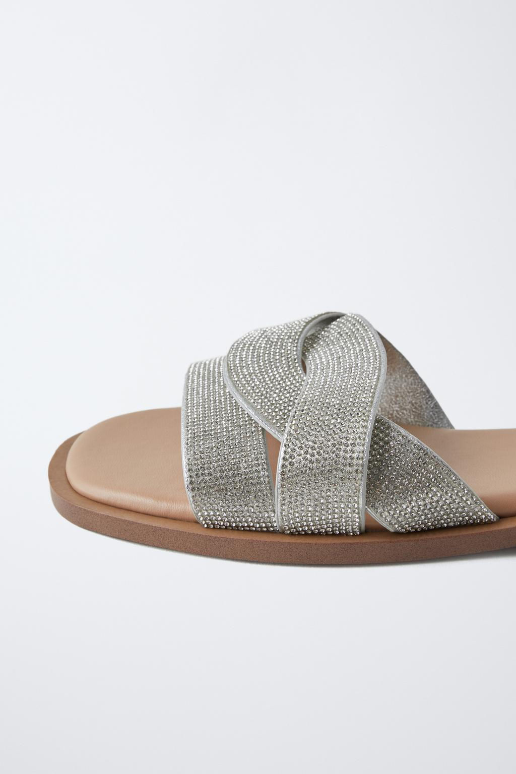 FLAT SLIDER SANDALS WITH RHINESTONE STRAPS - Zara фото 5