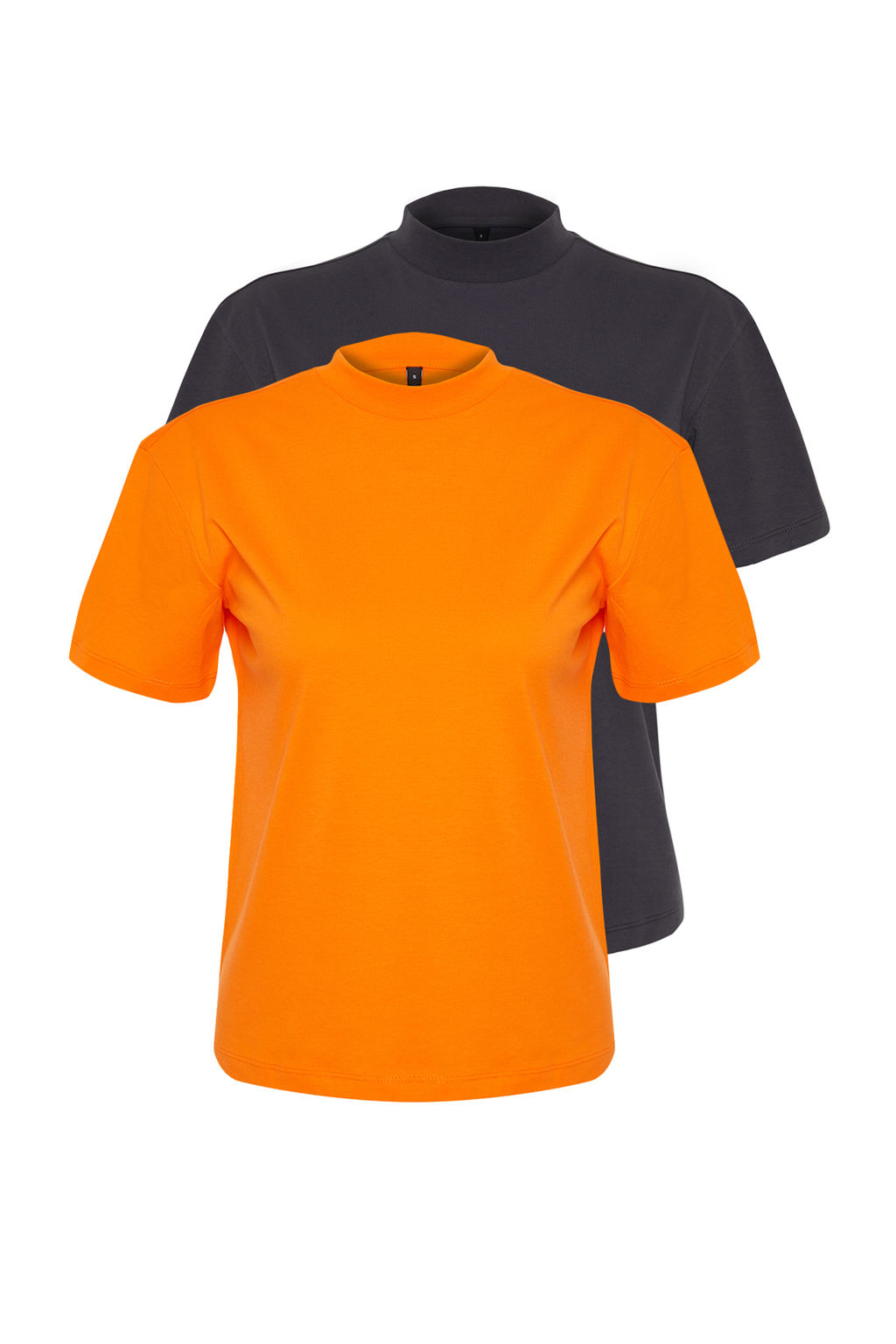 Antrasit-Turuncu 2li Paket Basic Dik Yaka Orme T-Shirt TWOSS20TS1500