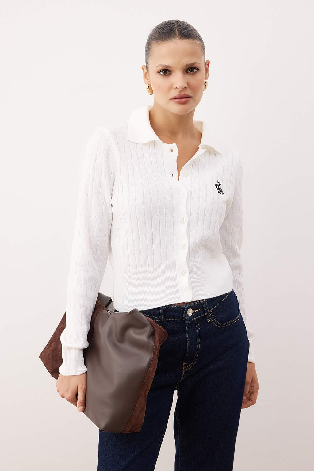 Beyaz At Nak?sl? Polo Yaka Sac Orgu Triko Kazak TWOAW26HI00290