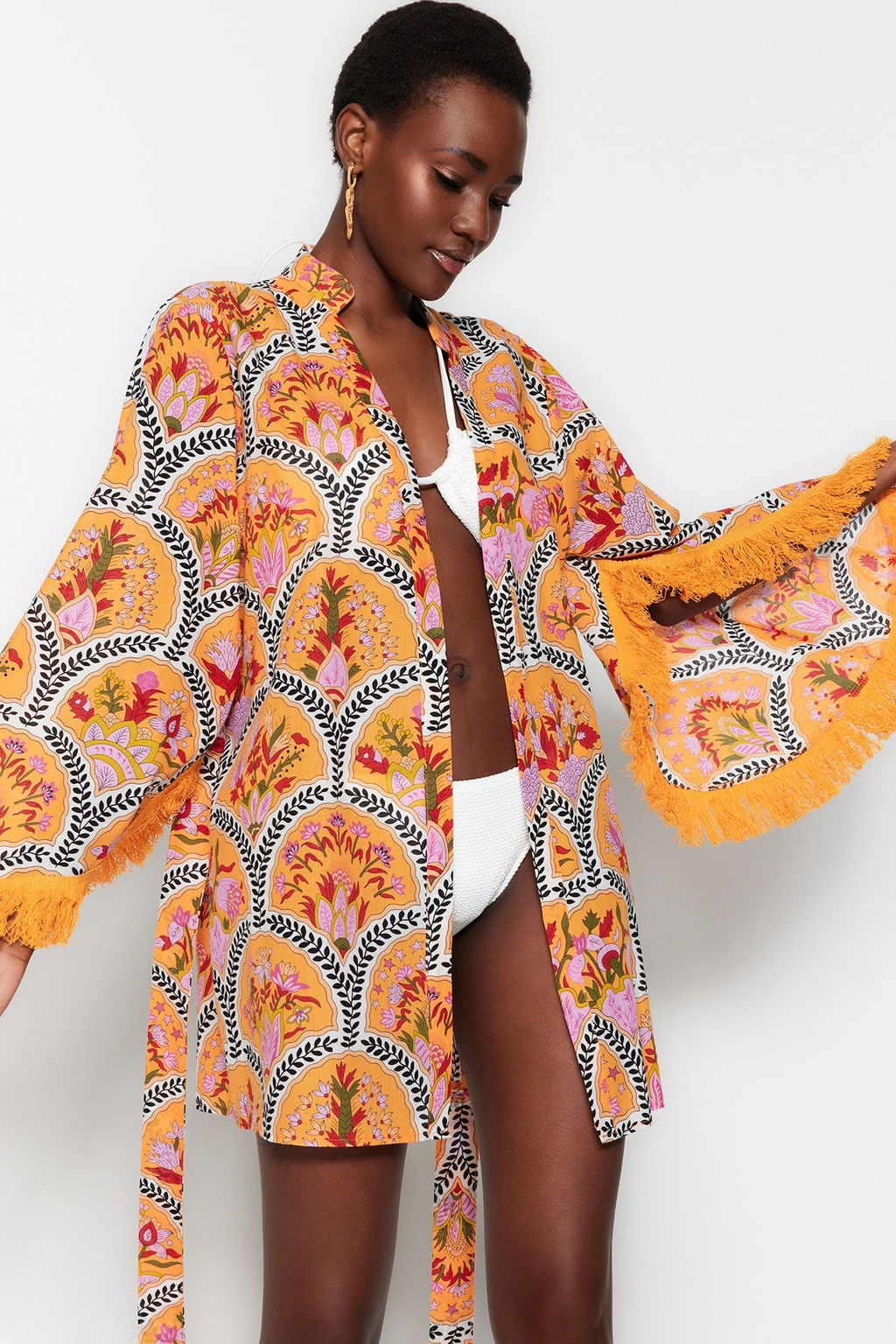 Cicek Desenli Mini Dokuma %100 Pamuklu Plaj Kimono&Kaftan TBESS23KM00004 - Trendyolmilla фото 2