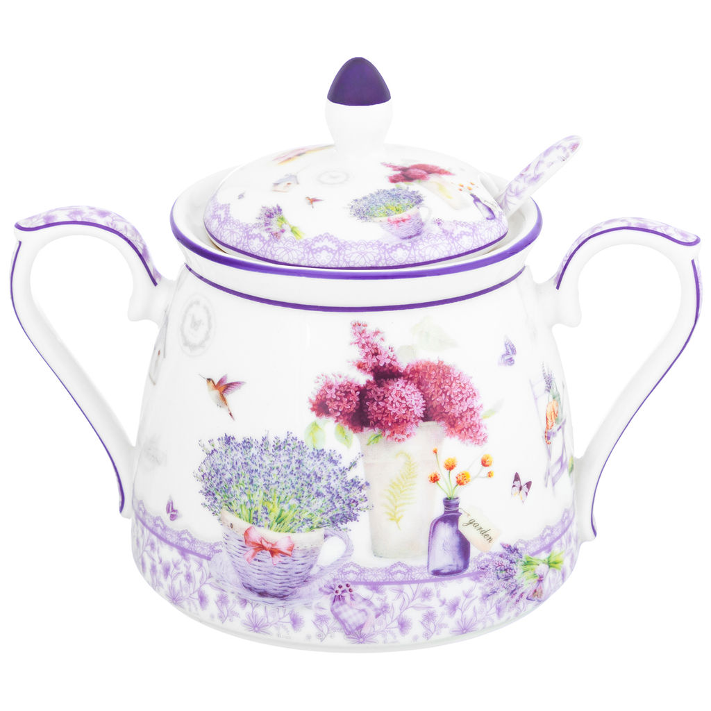 Сахарница 400 мл 15*10*11,5 см "Лаванда" с ложкой, фарфор NEW BONE CHINA