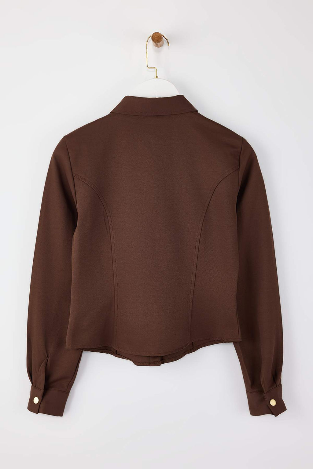 Koyu Kahverengi Regular Kal?p Gold Dugme Detayl? Gabardin Gomlek TWOSS26GO00013 - Trendyolmilla фото 2