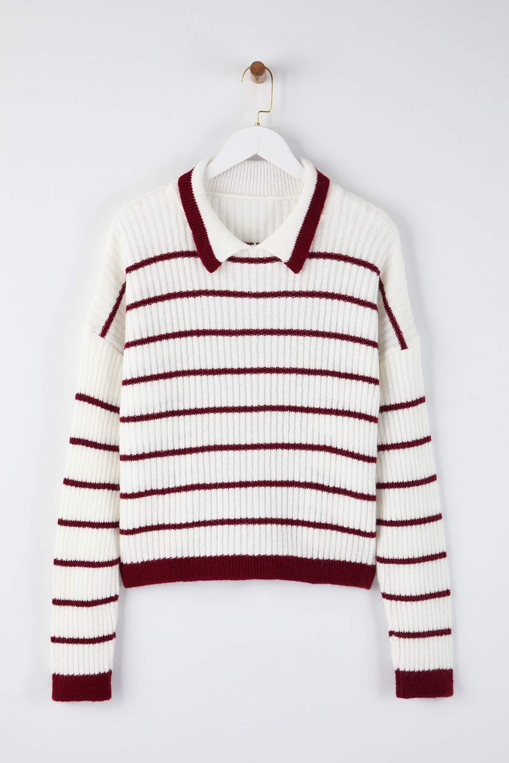 Beyaz Polo Yaka Cizgili Triko Kazak TWOAW26KZ00268 - Trendyolmilla фото 5