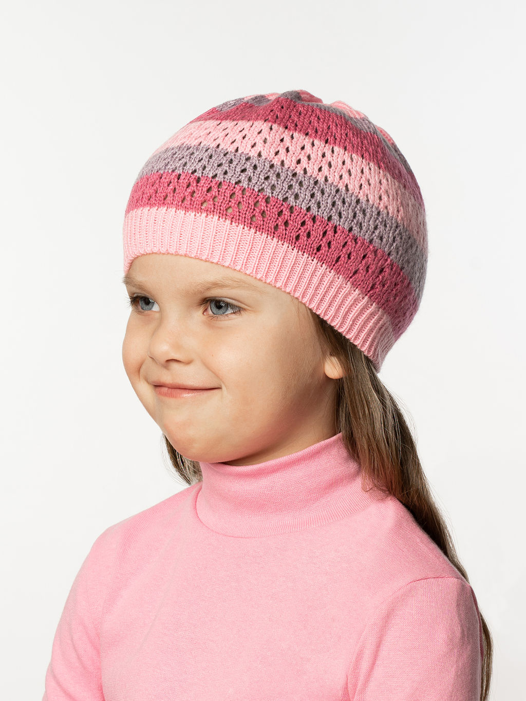 Шапка вязаная  "Полоска " розовыйсерый