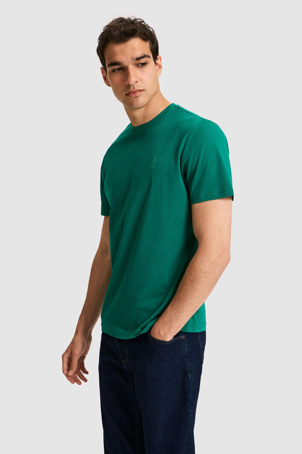 Erkek Regular Fit Bisiklet Yaka Koyu Ye_il Basic Ti__rt