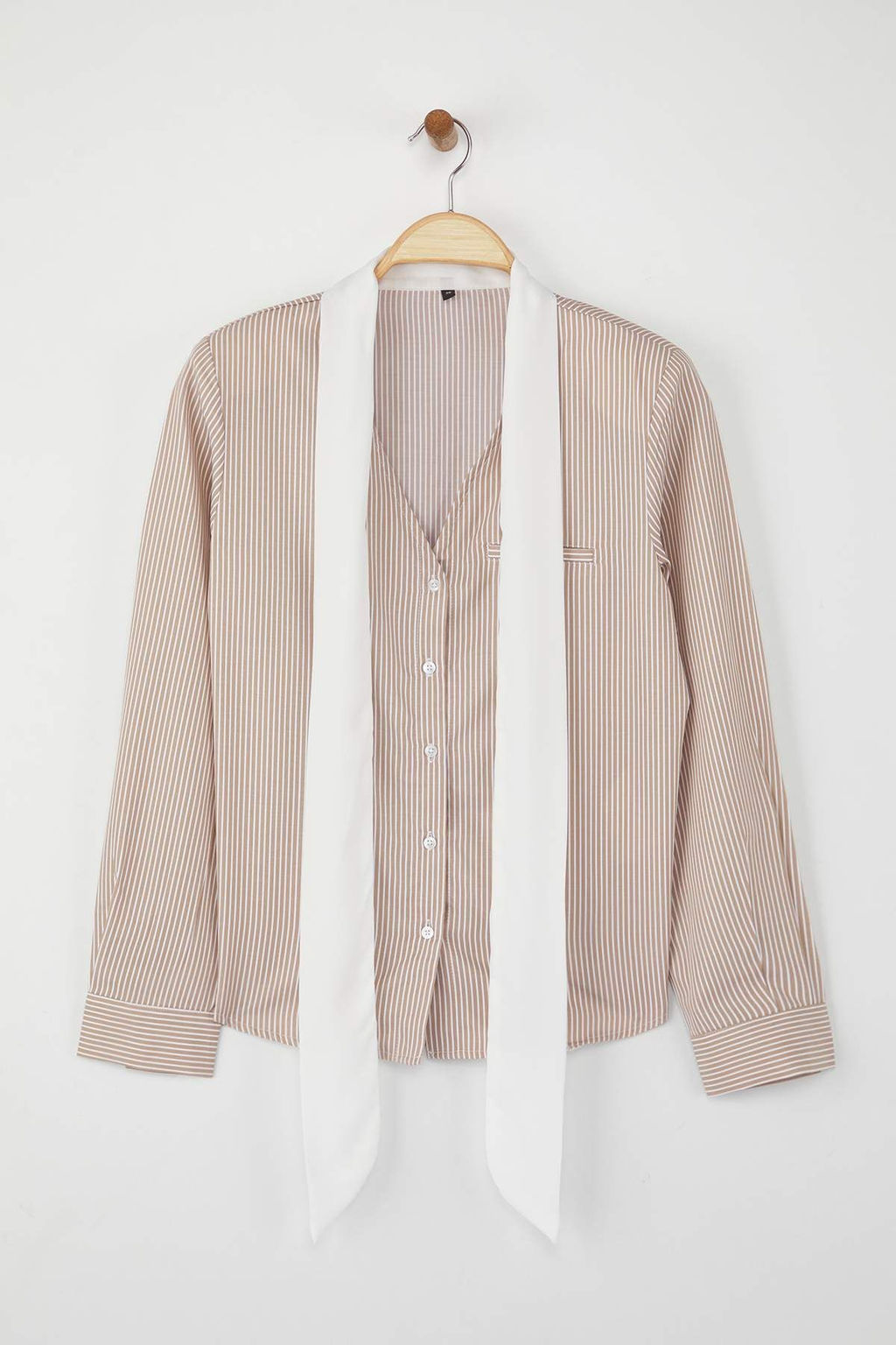 Bej Cizgili Sal Yaka Detayl? Gomlek TWOAW26GO00034 - Trendyolmilla фото 6