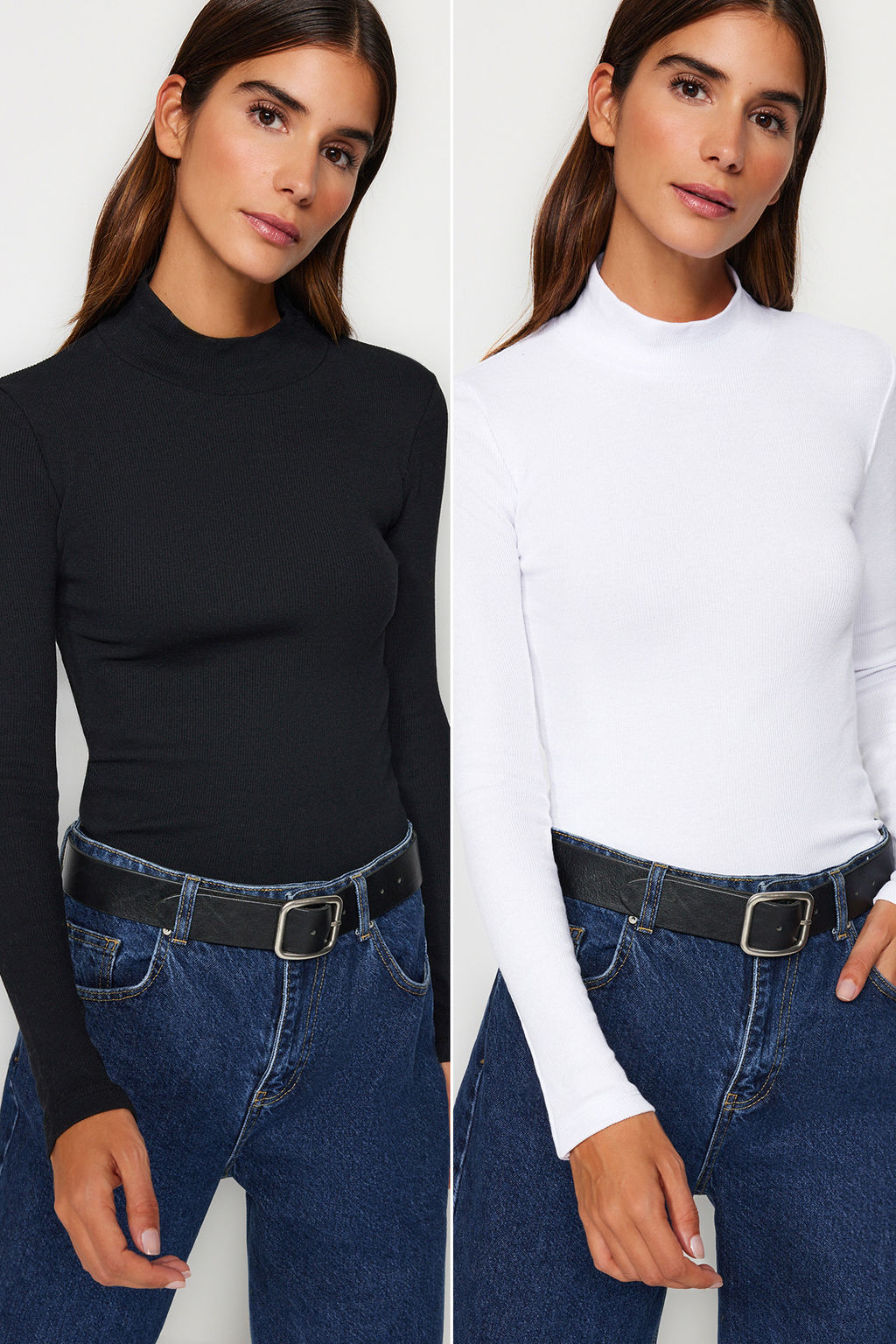 Trendyolmilla Siyah-Beyaz 2li Paket Fitilli Dik Yaka Fitted/Vucuda Oturan Uzun Kol Esnek Orme Bluz TWOAW24BZ00257
