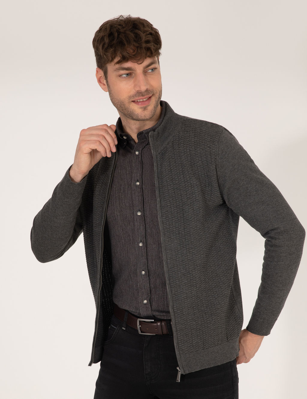 Gri Melanj Slim Fit Fermuarl_ Triko H_rka