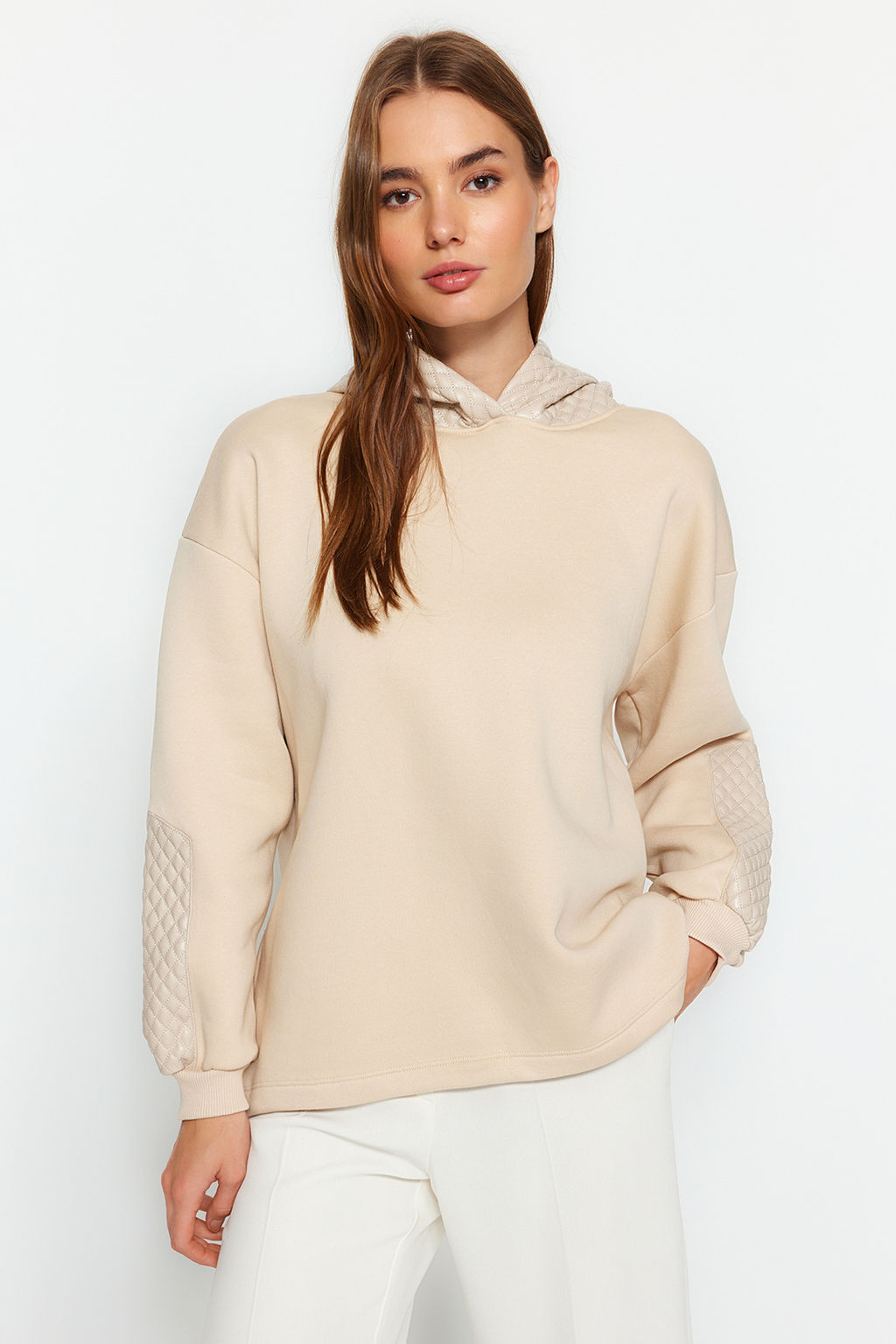 TRENDYOLMILLA Siyah Kal?n Ici Polarl? Kapitoneli Oversize/Genis Kesim Kapusonlu Orme Sweatshirt TWOAW24SW00205  фото 10