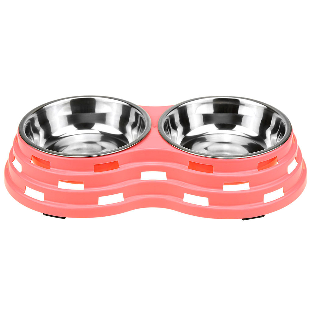 Миска для кормления животных из нержавеющей стали Обед 0,45л, д14см h4см, 2 штуки на пластмассовой подставке 33,5х18х6см, цвета микс (Китай) - Pet toys фото 2