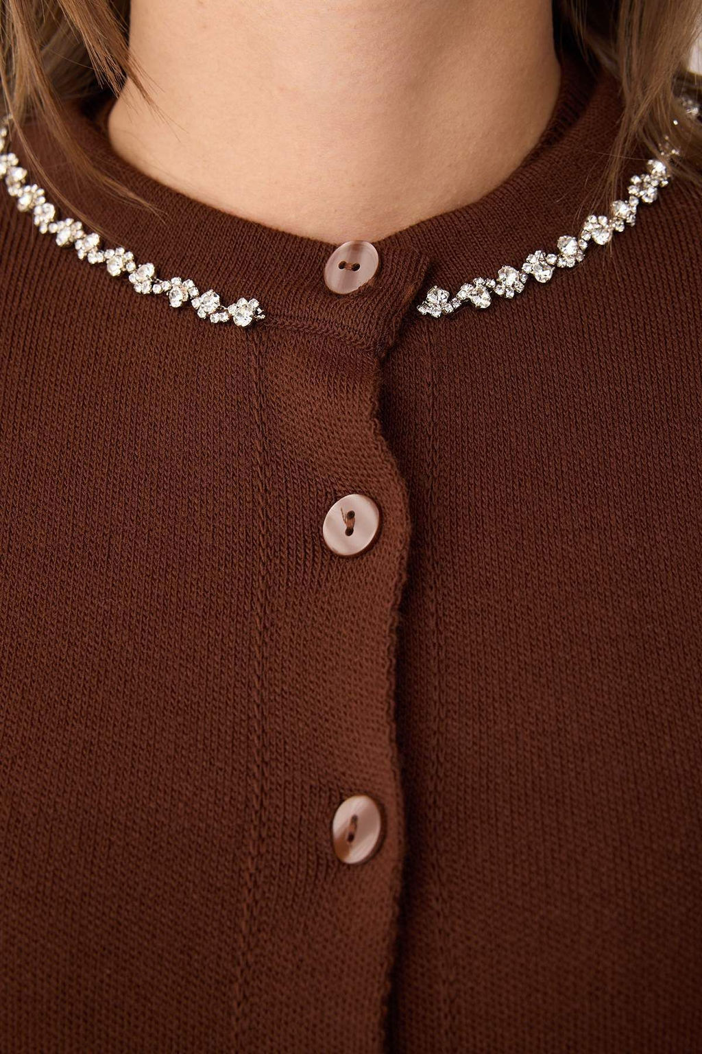 Kahverengi Mucevherli Yumusak Dokulu Ikili Triko H?rka-Bluz TWOAW26HI00007