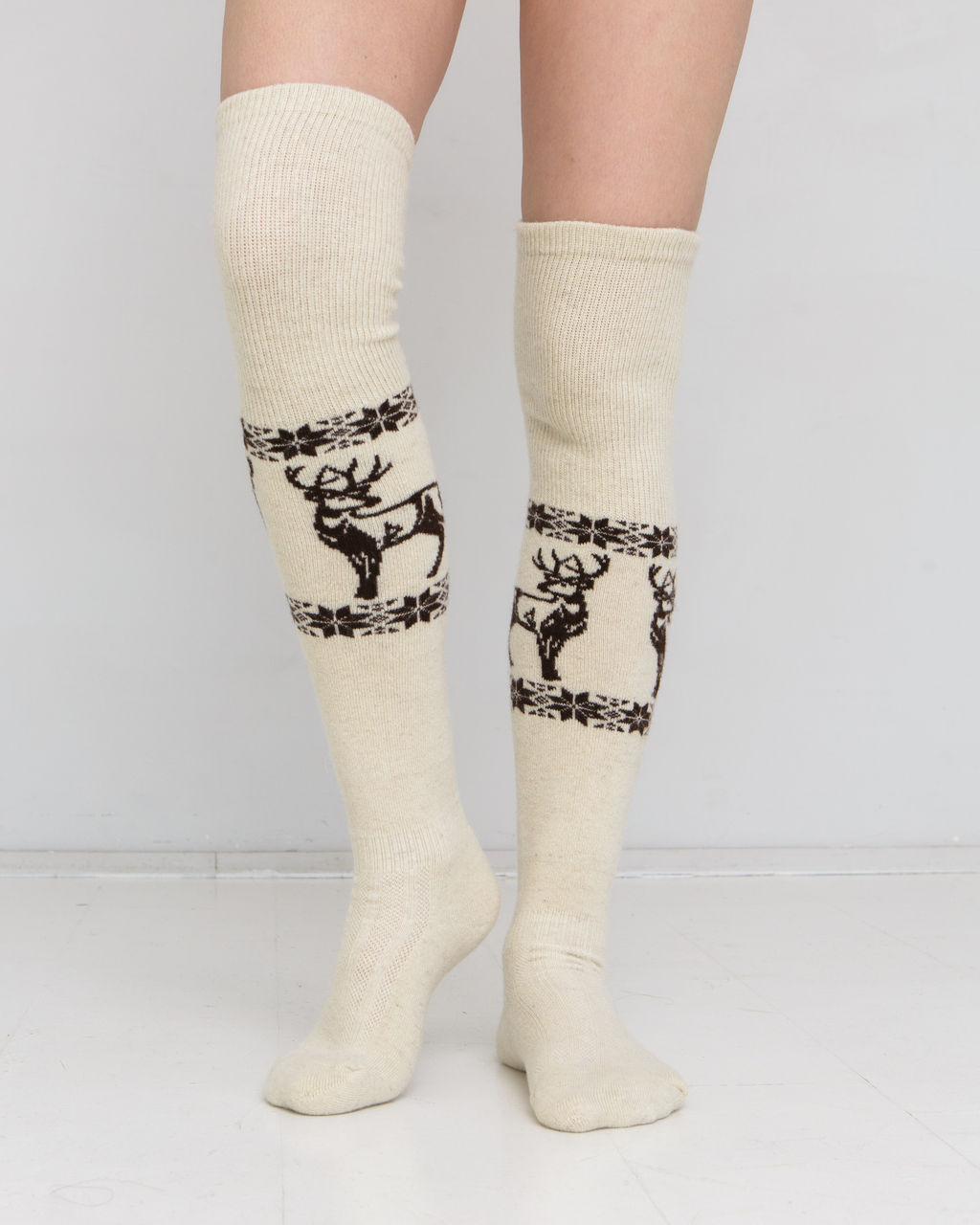 Теплые чулки из 100% шерсти с рисунком серо-бежевые