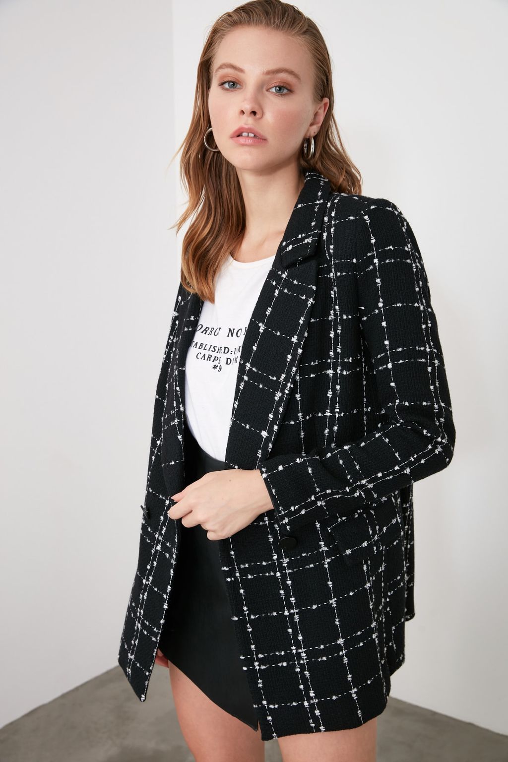 Siyah Tuvit Regular Dokuma Ekose Blazer Ceket TWOAW21CE0105