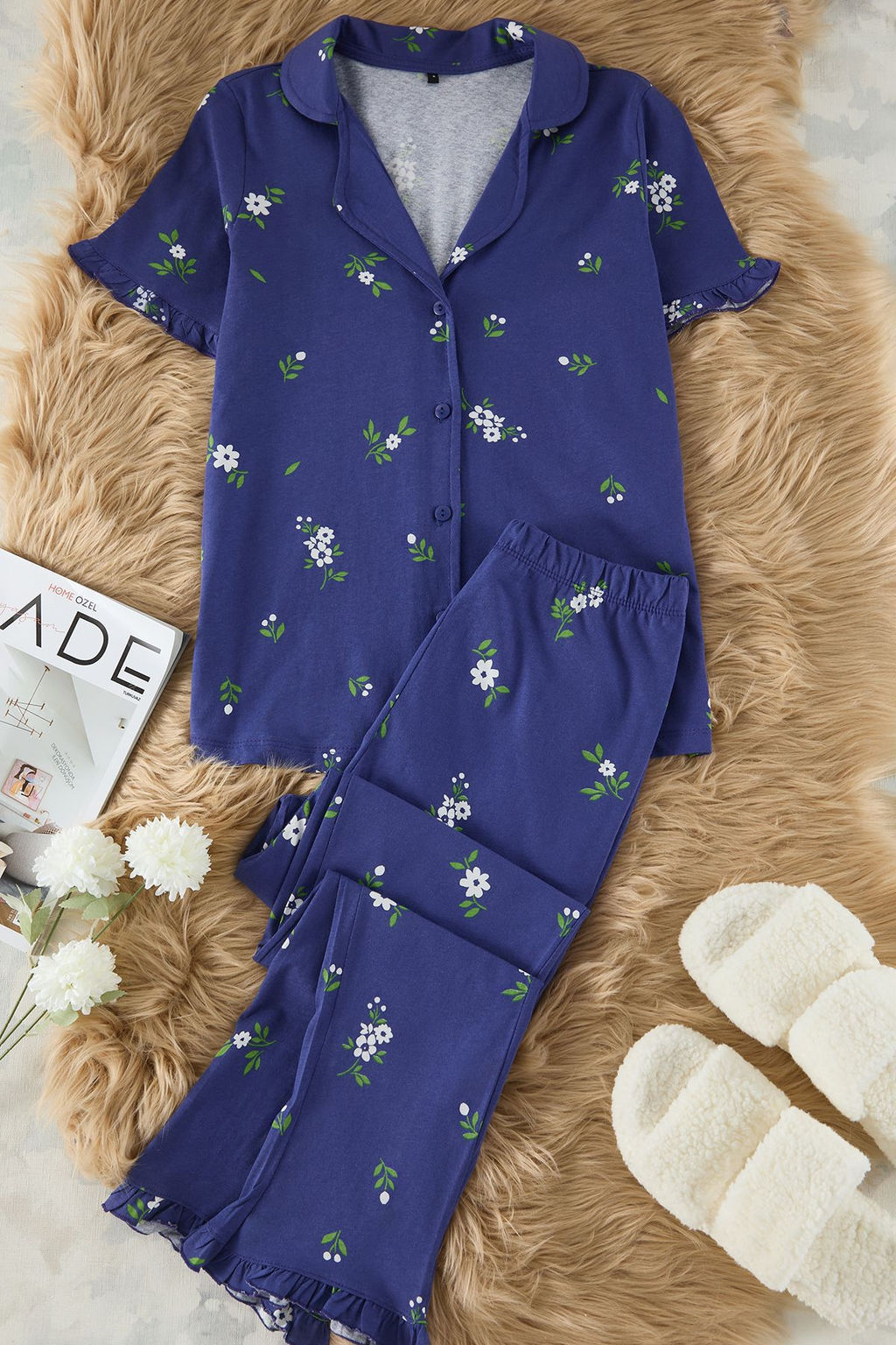 Trendyolmilla Mint %100 Pamuklu Cicekli F?rf?rl? Orme Pijama Tak?m? THMSS24PT00227  фото 9