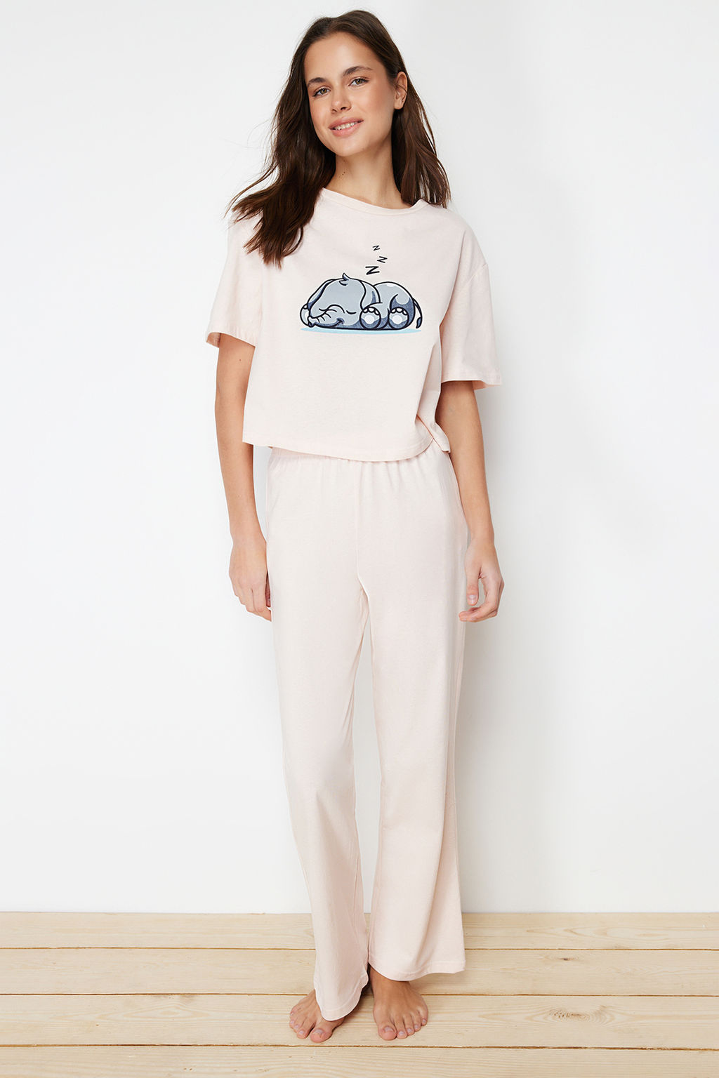 Trendyolmilla Pudra %100 Pamuklu Fil Bask?l? Orme Pijama Tak?m? THMSS24PT00070 фото 3