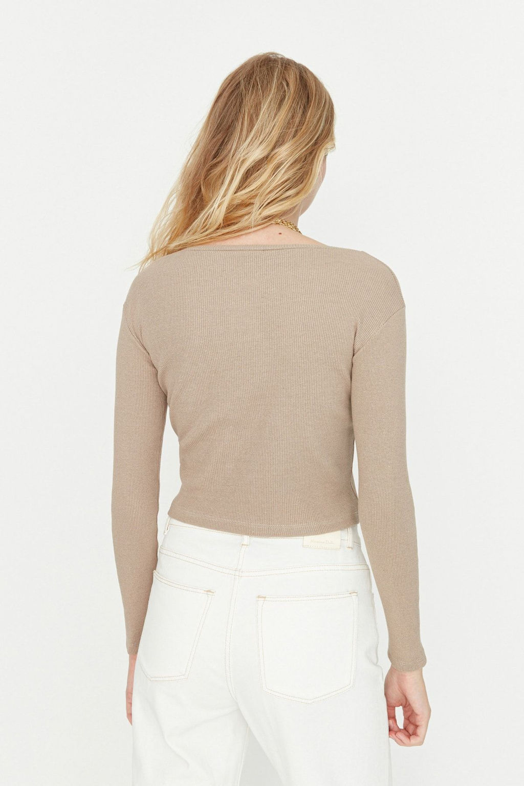 Trendyolmilla Kahverengi-Bej 2li Paket Crop Fitted/Vucuda Oturan V Yaka Fitilli Esnek Orme Bluz TWOAW22BZ0129