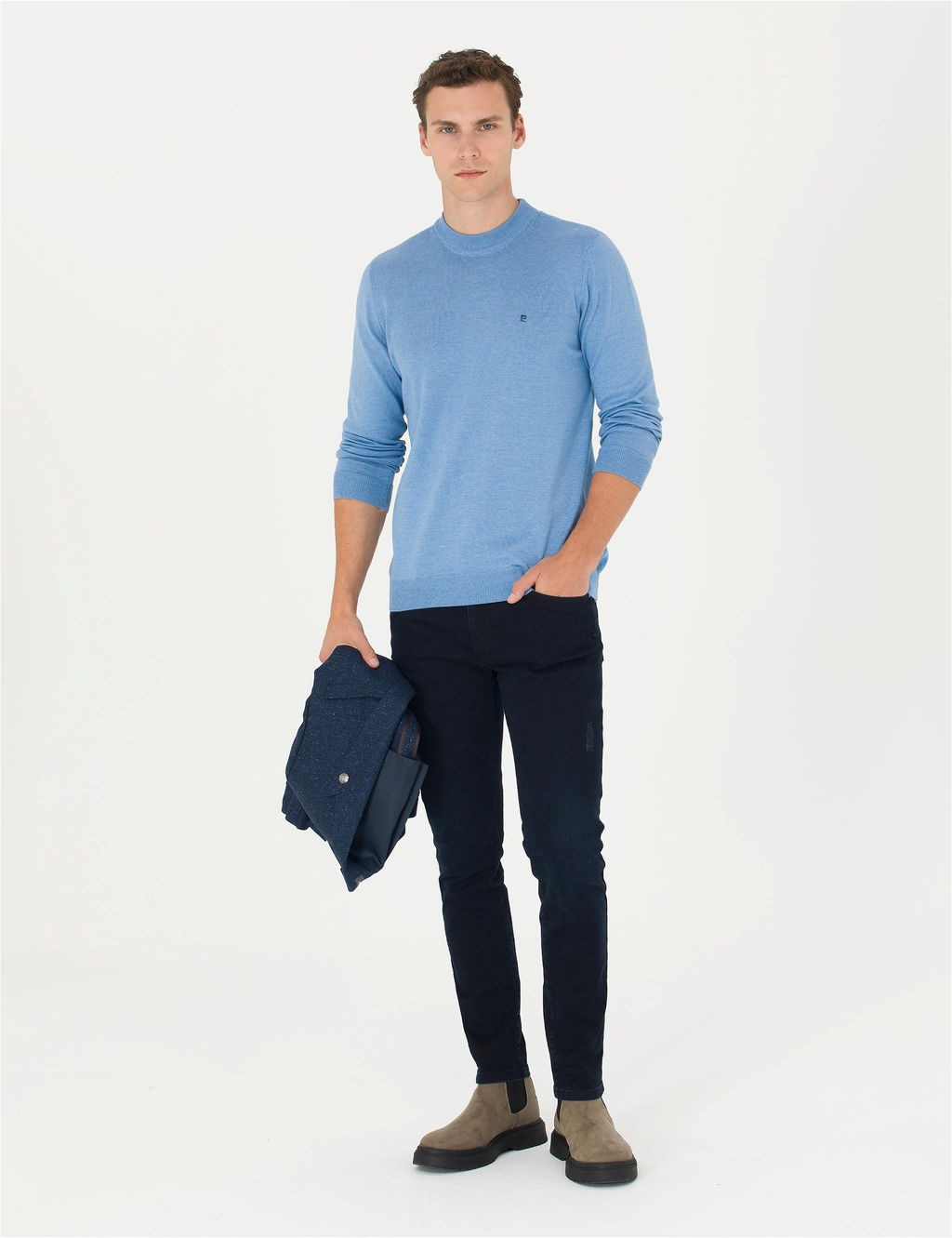 Mavi Melanj Slim Fit Yar_m Bal_k__ Yaka Basic Triko Kazak