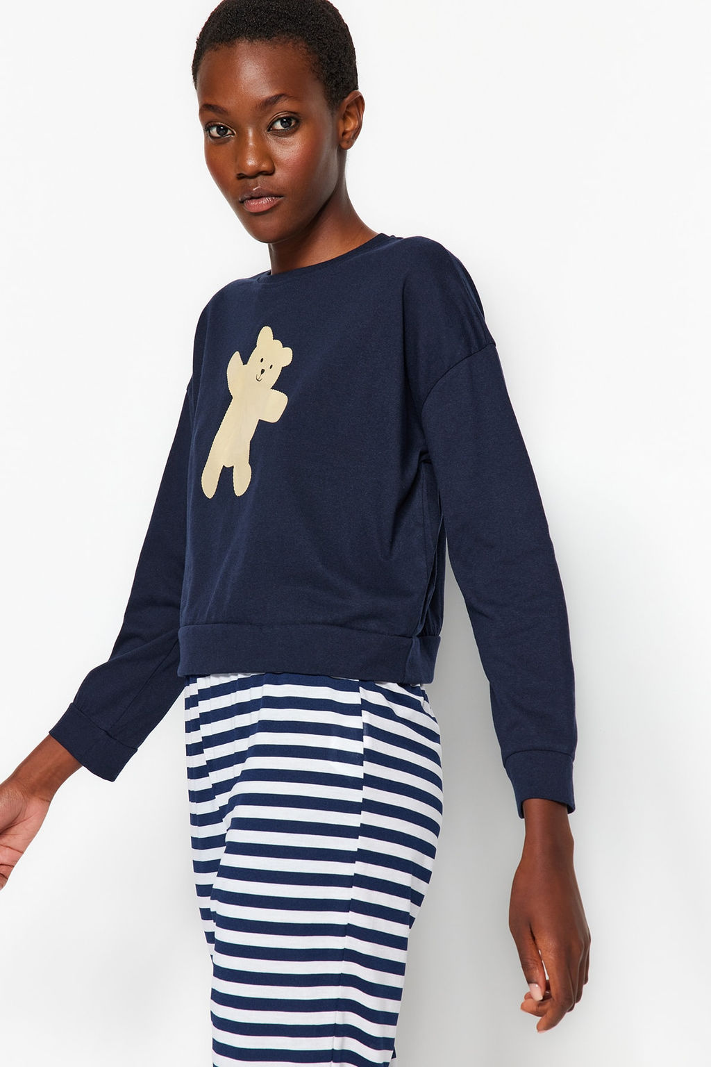 Trendyolmilla Lacivert %100 Pamuklu Ay?c?kl? Orme Pijama Tak?m? THMAW21PT0302